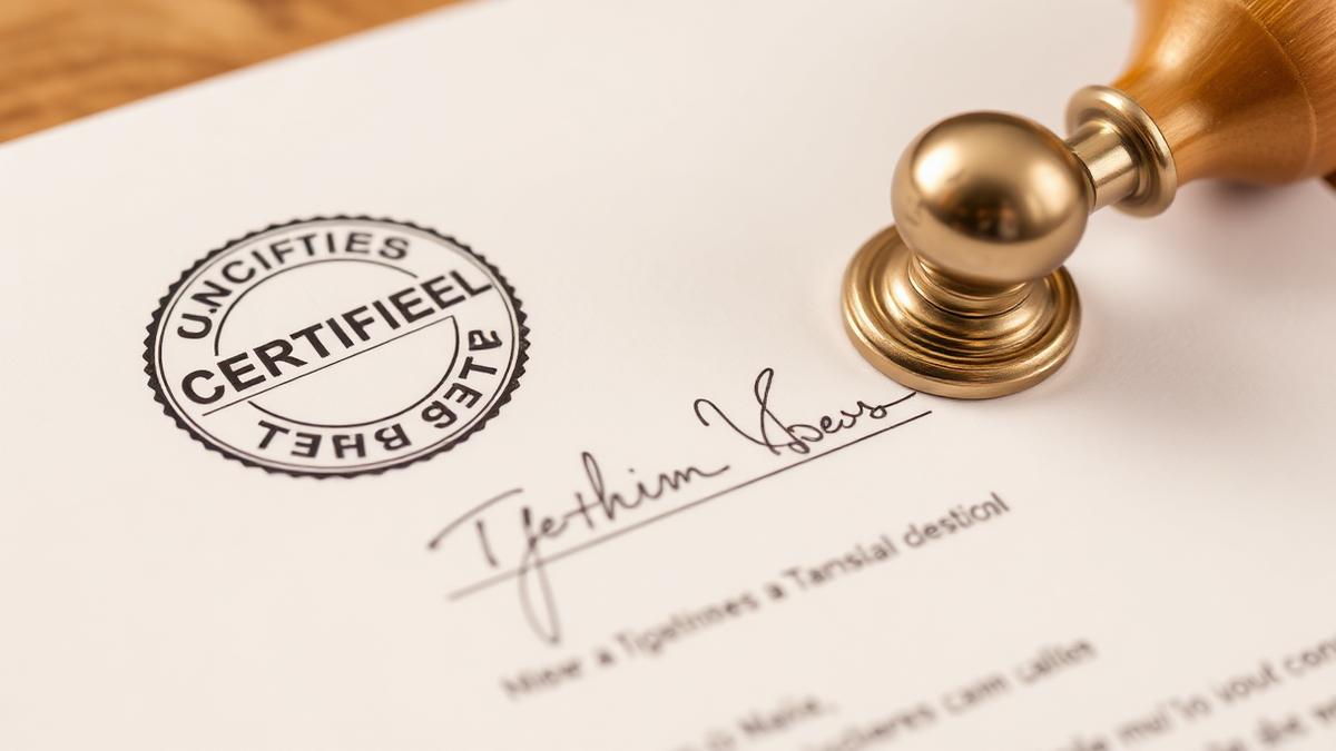 Certified translation stamp and signature on a printed document