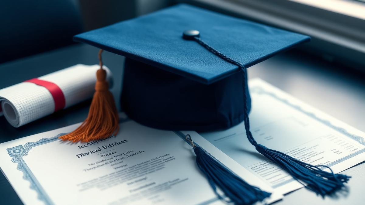 Graduation cap resting on a diploma and academic transcript