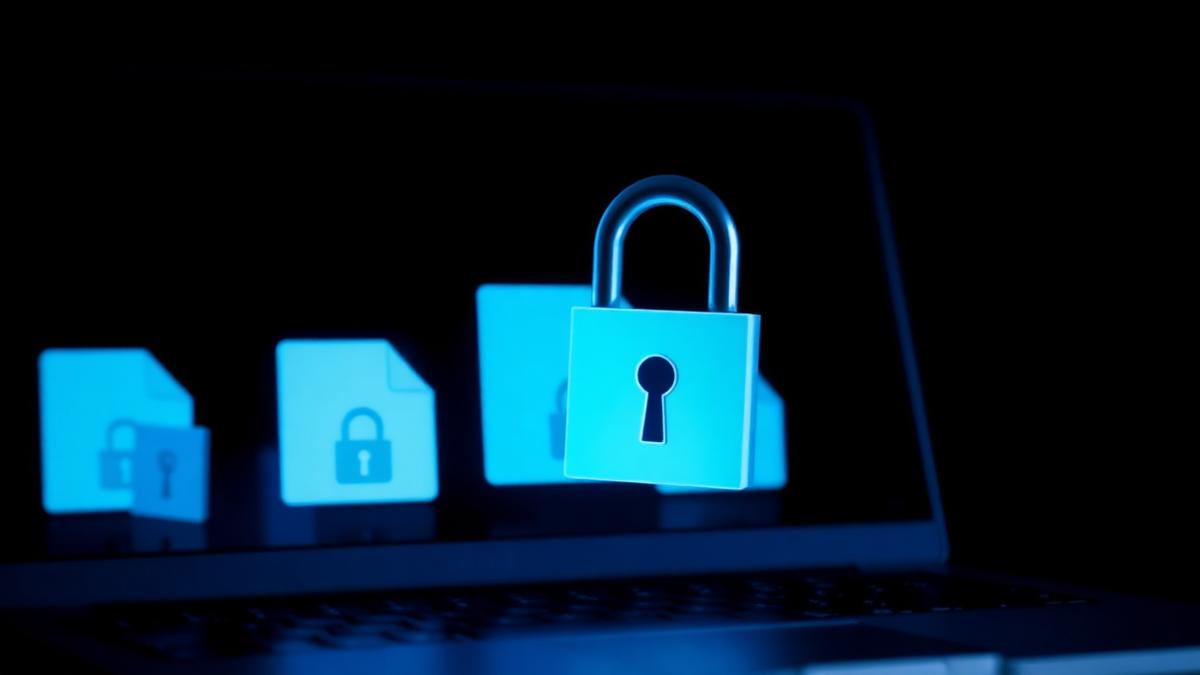 Padlock icon over encrypted document files on a laptop screen