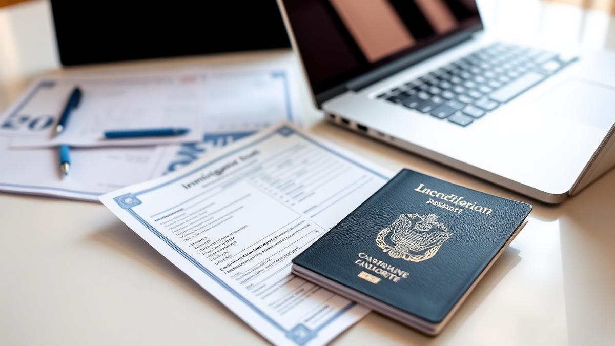 Passport and immigration paperwork on a desk beside a laptop