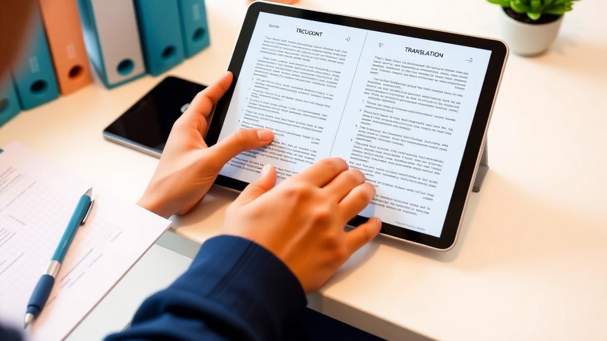 Person comparing an original document and its translation on a tablet